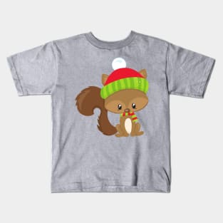 Winter Squirrel, Cute Squirrel, Squirrel With Hat Kids T-Shirt